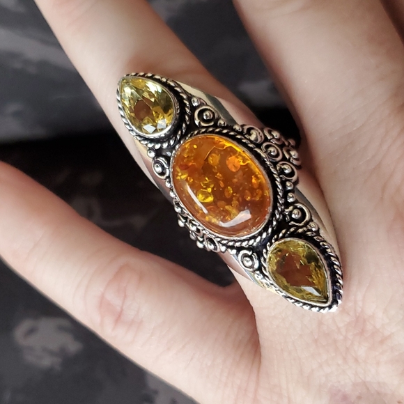 New Baltic Amber & Citrine 925 Silver Statement Ring. - Picture 2 of 16